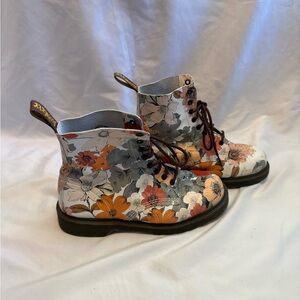 Floral Lace-Up Ankle Boots with Orange & Gray Blooms
